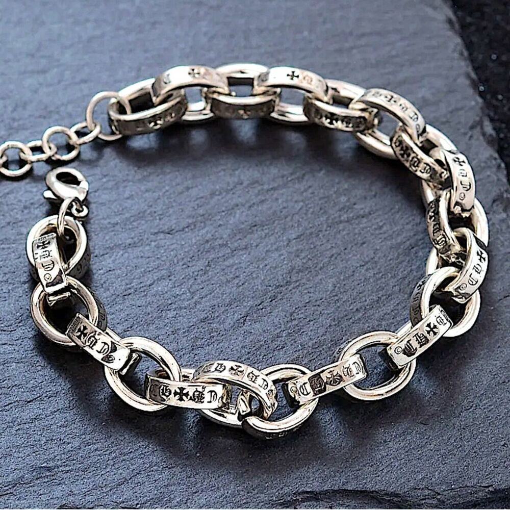 Sterling Silver Engraved Cross Chain Link Bracelet